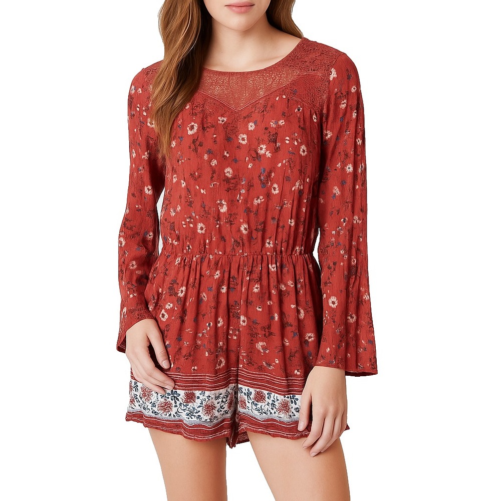 Womens‎ Rust Red Floral Boho Long Sleeve Romper Womens Size M Cottagecore Fall